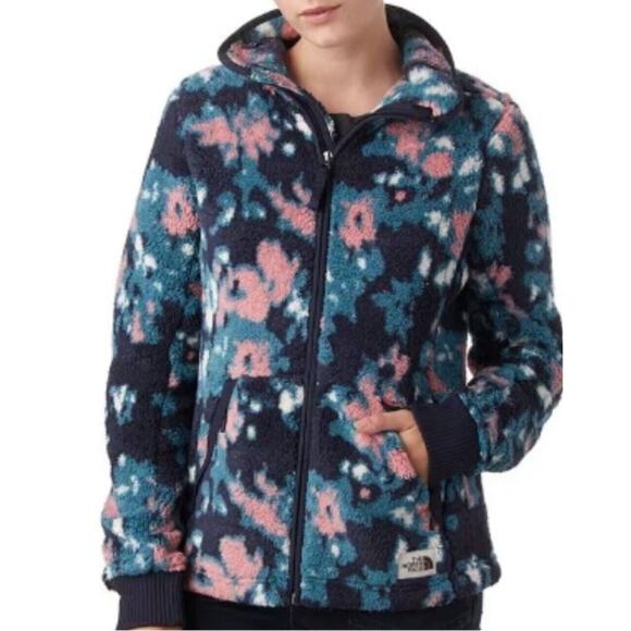 Northface Campshire Cozy Blue Peach Cream Abstract Floral Zip Fleece Jacket Med - Picture 2 of 9